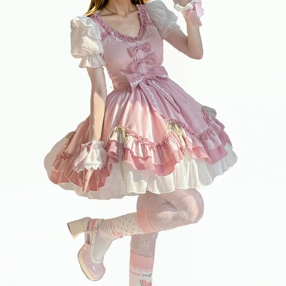 Himifashion Dresses & Skirts - Sweet Lolita Pink Dress Ruffle Layered Princess JSK with Bows and Puff Sleeves